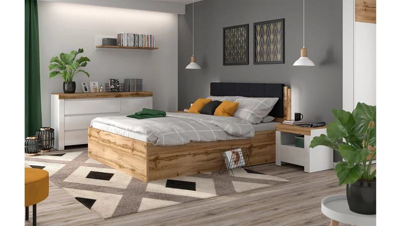 Tetrix Double Bed 140 with Storage | Wotan Oak | Tall Headboard | 140x200cm | Optional Upholstered Headboard Panel