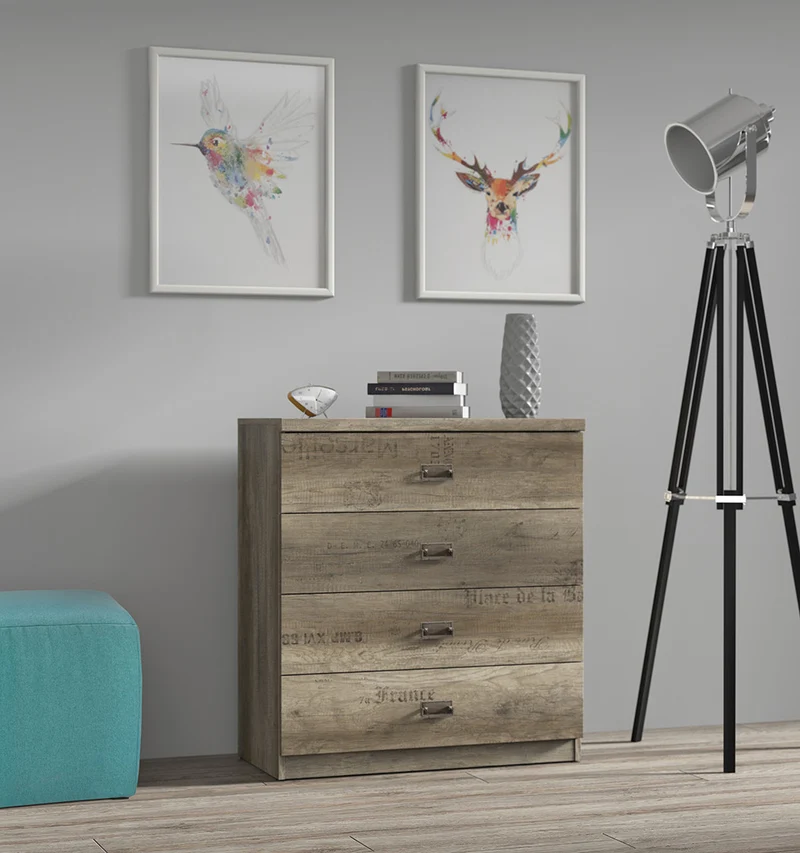 Malcolm Chest of Drawers | 4 Drawers | Canyon Monument Oak & Tungsten Grey | Letter Print | 80x87.5x40cm