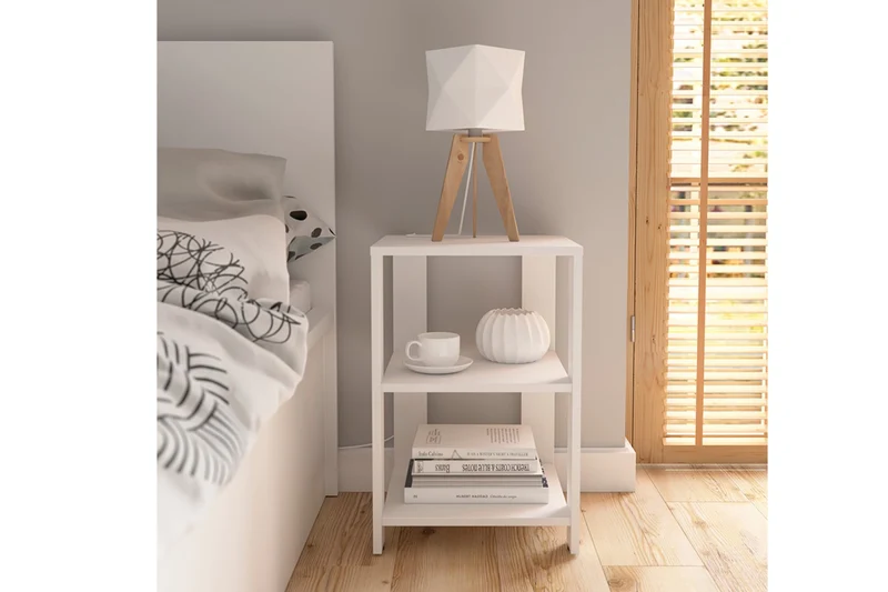 Neno Side Table – Compact 3-Tier End Table | White | 35×37×55.5 cm