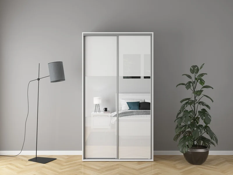 Flex Sliding Door Wardrobe 120 cm – White / White Gloss Mirror | Soft-Close Drawer
