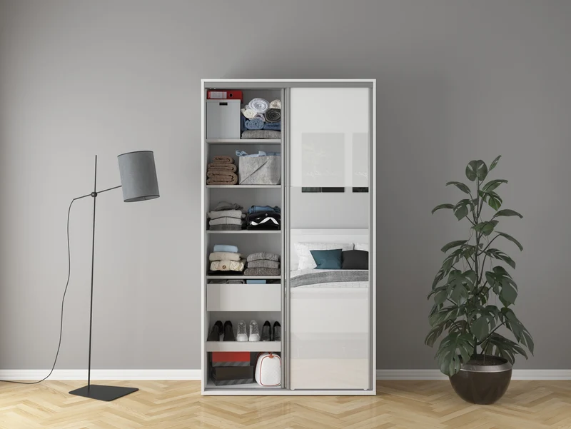 Flex Sliding Door Wardrobe 120 cm – White / White Gloss Mirror | Soft-Close Drawer