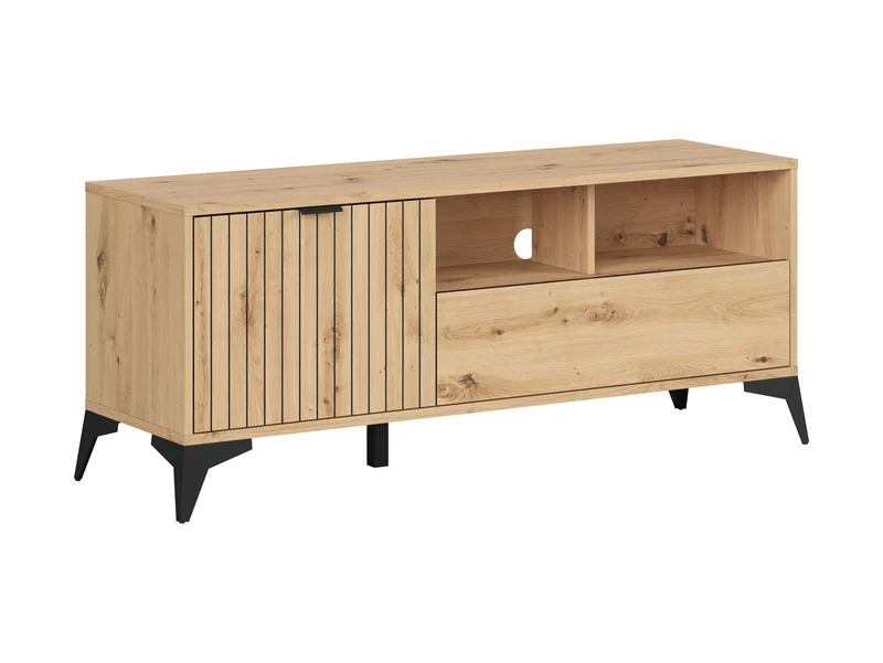 Lamea TV Unit 135 cm – Artisan Oak | Lamellar Front | 2 Open Shelves, Drawer & Cupboard | Black Legs