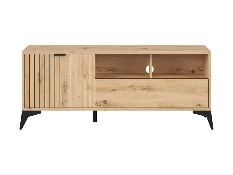 Lamea TV Unit 135 cm – Artisan Oak | Lamellar Front | 2 Open Shelves, Drawer & Cupboard | Black Legs
