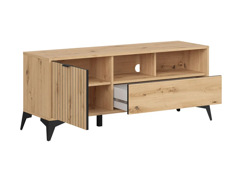 Lamea TV Unit 135 cm – Artisan Oak | Lamellar Front | 2 Open Shelves, Drawer & Cupboard | Black Legs