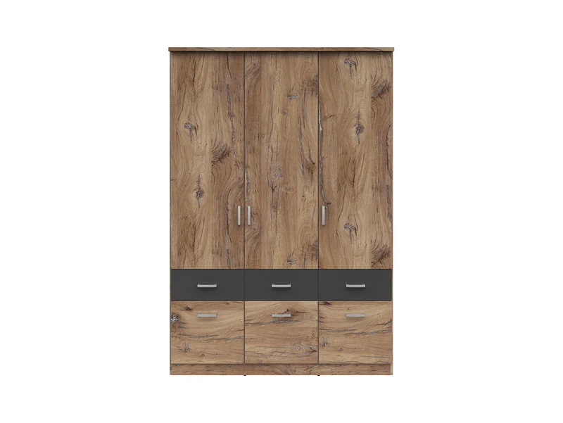 Brando 3 Wardrobe 136x199 cm – 3 Doors, Mirror, 6 Drawers, Dark Flagstaff Oak & Graphite