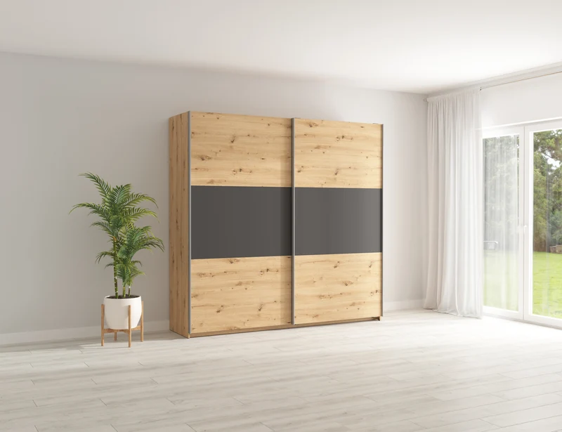 Saturn Sliding Door Wardrobe 218x210 cm – Artisan Oak & Graphite, 2 Rails & 2 Shelves