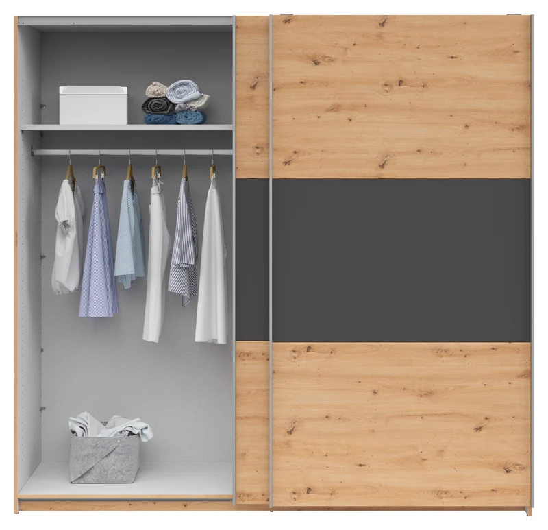 Saturn Sliding Door Wardrobe 218x210 cm – Artisan Oak & Graphite, 2 Rails & 2 Shelves