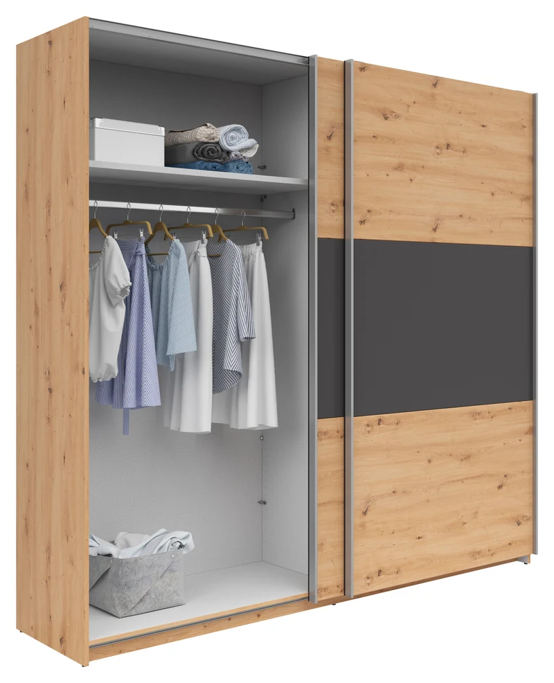 Saturn Sliding Door Wardrobe 218x210 cm – Artisan Oak & Graphite, 2 Rails & 2 Shelves
