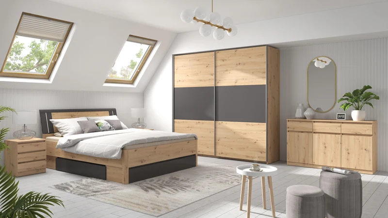 Saturn Sliding Door Wardrobe 218x210 cm – Artisan Oak & Graphite, 2 Rails & 2 Shelves