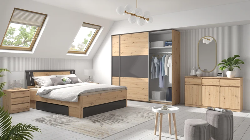 Saturn Sliding Door Wardrobe 218x210 cm – Artisan Oak & Graphite, 2 Rails & 2 Shelves