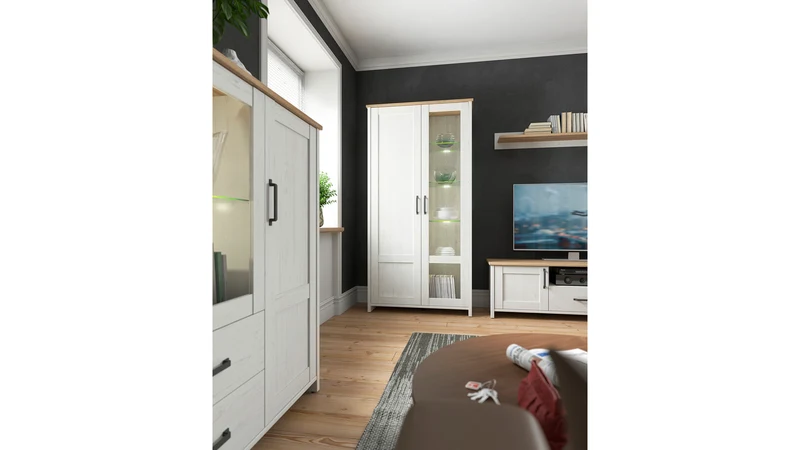 Loksa Display Cabinet – Tall Scandinavian Glazed Vitrine with LED Lighting | Andersen Pine White / Grandson Oak | 101.5×200.5 cm