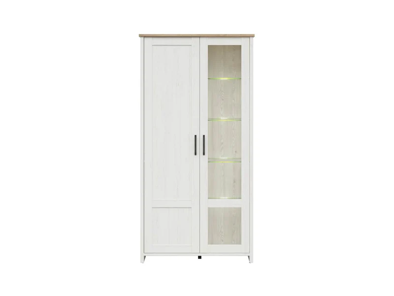 Loksa Display Cabinet – Tall Scandinavian Glazed Vitrine with LED Lighting | Andersen Pine White / Grandson Oak | 101.5×200.5 cm