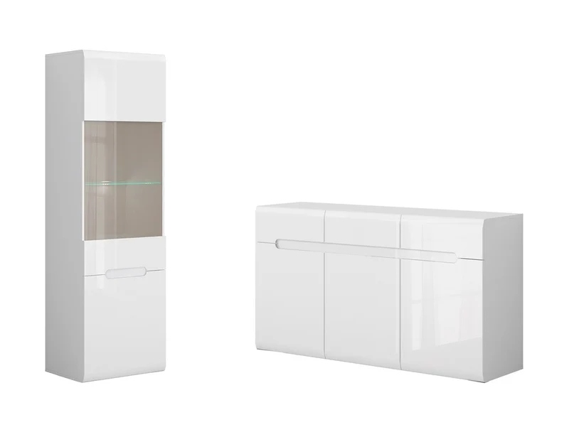 Azteca Trio Living Room Set – Chest of Drawers 150 cm + Display Cabinet 60 cm | White High Gloss | Soft-Close & LED