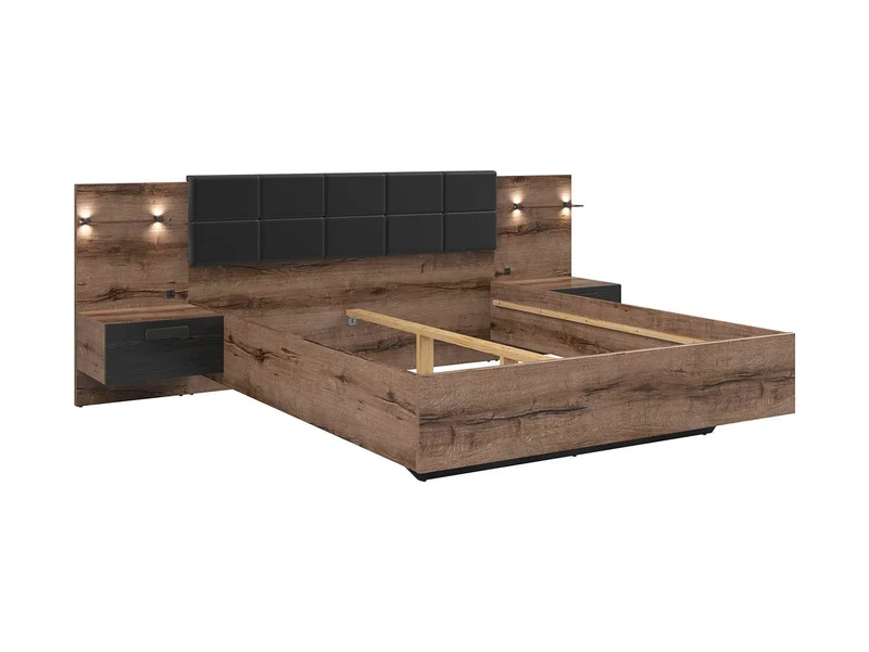 Kassel Bed 180×200 cm – Eco-Leather Headboard, LED Lighting, USB Charging & 2 Drawers | Monastery Oak / Black