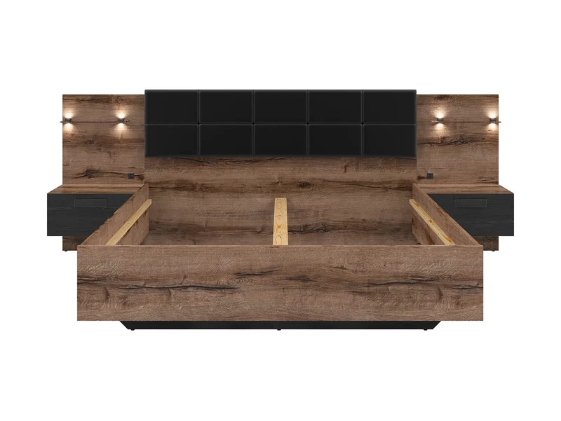 Kassel Bed 180×200 cm – Eco-Leather Headboard, LED Lighting, USB Charging & 2 Drawers | Monastery Oak / Black