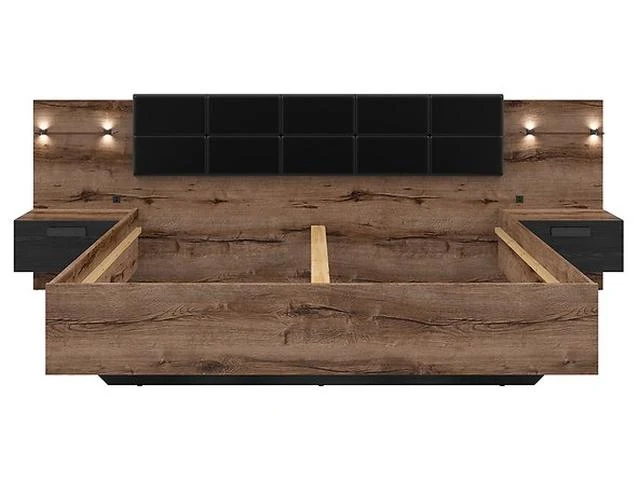 Kassel Bed 180×200 cm – Eco-Leather Headboard, LED Lighting, USB Charging & 2 Drawers | Monastery Oak / Black