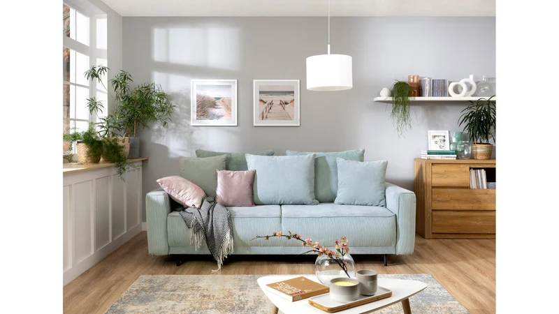 Larissa 2 3-Seater Sofa Bed — DL Auto Mechanism, 155x195cm Sleeping Surface, Wooden Legs & 5 Cushions, Mint (Rinaldi 03)