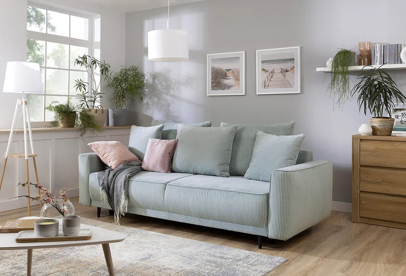 Larissa 2 3-Seater Sofa Bed — DL Auto Mechanism, 155x195cm Sleeping Surface, Wooden Legs & 5 Cushions, Mint (Rinaldi 03)