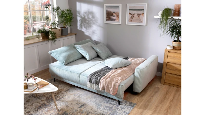 Larissa 2 3-Seater Sofa Bed — DL Auto Mechanism, 155x195cm Sleeping Surface, Wooden Legs & 5 Cushions, Mint (Rinaldi 03)