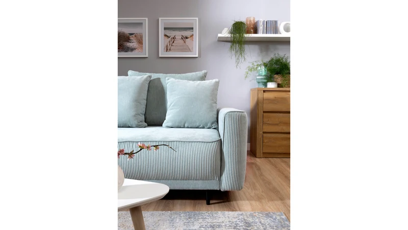 Larissa 2 3-Seater Sofa Bed — DL Auto Mechanism, 155x195cm Sleeping Surface, Wooden Legs & 5 Cushions, Mint (Rinaldi 03)