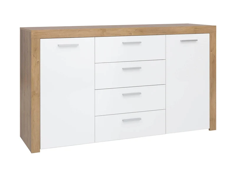Balder Chest of Drawers 155cm — 2 Cabinets, 4 Drawers, Bold Frame Strips & Simple Handles, Riviera Oak & White Gloss