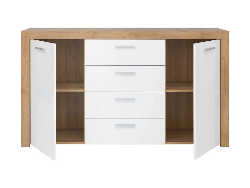 Balder Chest of Drawers 155cm — 2 Cabinets, 4 Drawers, Bold Frame Strips & Simple Handles, Riviera Oak & White Gloss