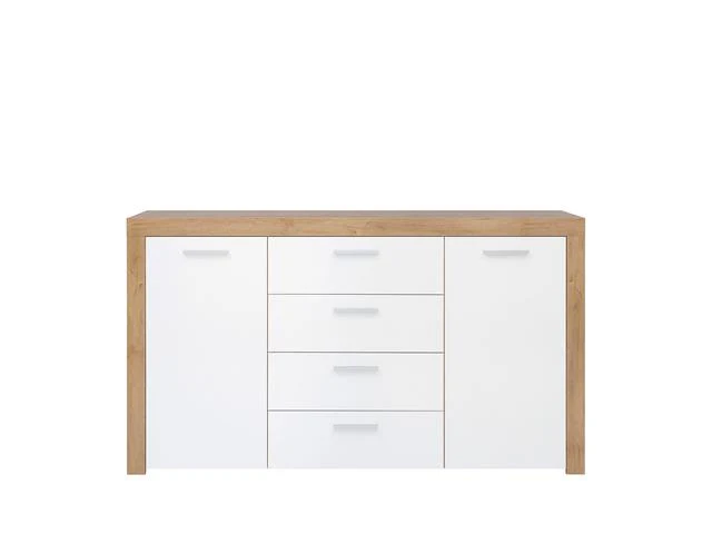 Balder Chest of Drawers 155cm — 2 Cabinets, 4 Drawers, Bold Frame Strips & Simple Handles, Riviera Oak & White Gloss