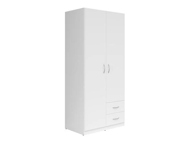 Casao 2-Door Wardrobe 91cm — Hanging Rail, Shelving Section, 2 Drawers & Grey Handles, White