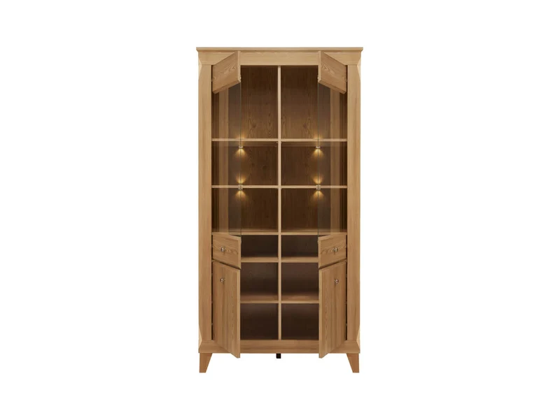 Bergen Display Cabinet — Glass Doors, LED Lighting & Golden Sibiu Larch