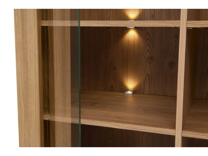 Bergen Display Cabinet — Glass Doors, LED Lighting & Golden Sibiu Larch