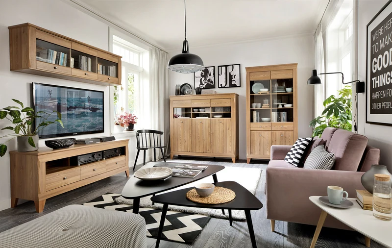 Bergen Display Cabinet — Glass Doors, LED Lighting & Golden Sibiu Larch