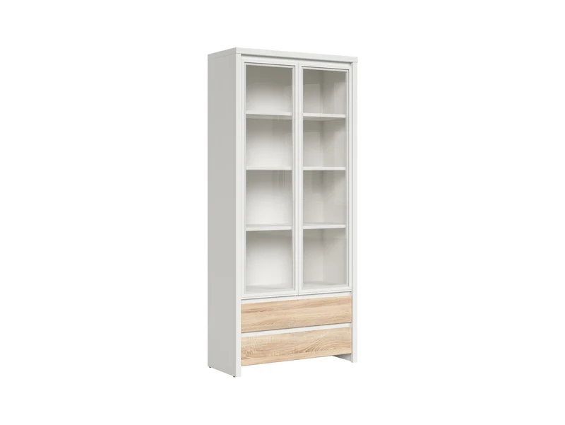 Kaspian Display Cabinet — Glass Doors, 4 Shelves & 2 Drawers, White & Sonoma Oak