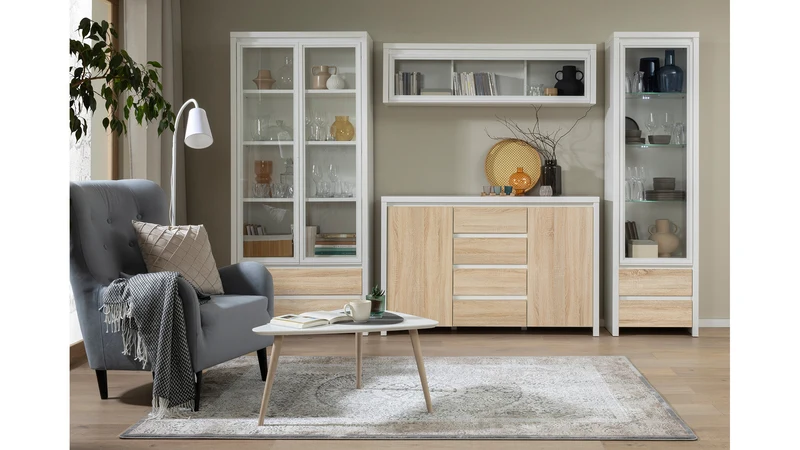 Kaspian Display Cabinet — Glass Doors, 4 Shelves & 2 Drawers, White & Sonoma Oak