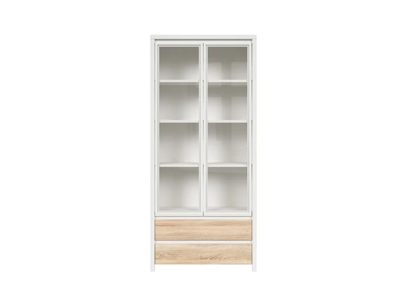 Kaspian Display Cabinet — Glass Doors, 4 Shelves & 2 Drawers, White & Sonoma Oak