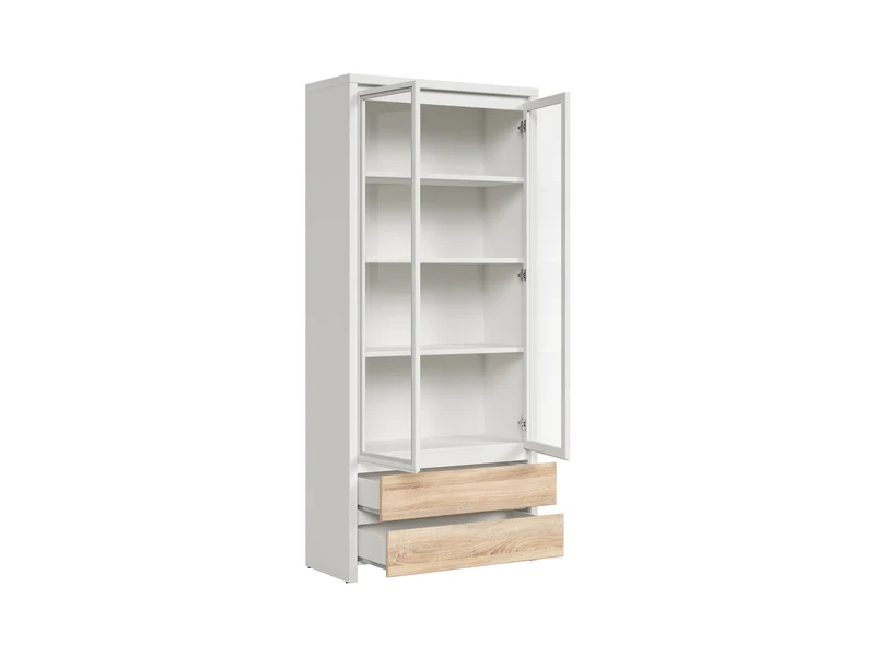 Kaspian Display Cabinet — Glass Doors, 4 Shelves & 2 Drawers, White & Sonoma Oak