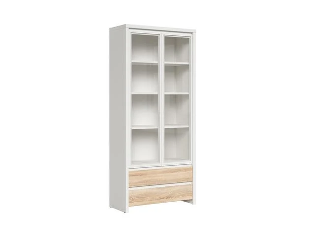 Kaspian Display Cabinet — Glass Doors, 4 Shelves & 2 Drawers, White & Sonoma Oak