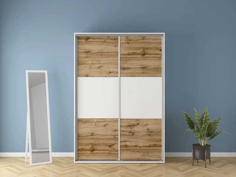 Flex Wardrobe 150 — 3 Drawers, Hanging Rail & Shelves, White & Wotan Oak