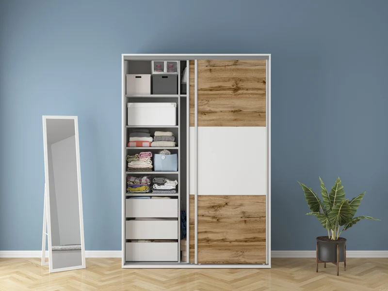 Flex Wardrobe 150 — 3 Drawers, Hanging Rail & Shelves, White & Wotan Oak