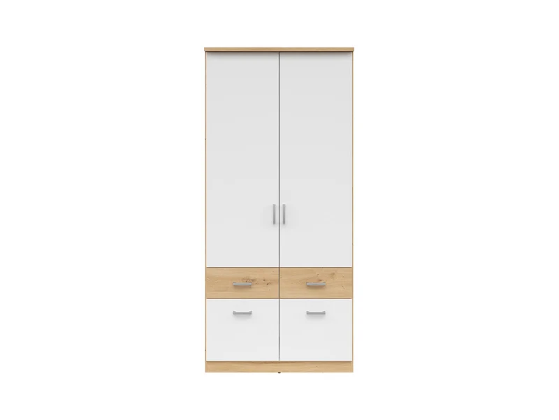 Brando 2 Wardrobe 91cm — Shelving, Hanging Rail, 4 Drawers & Silver Handles, Artisan Oak & White