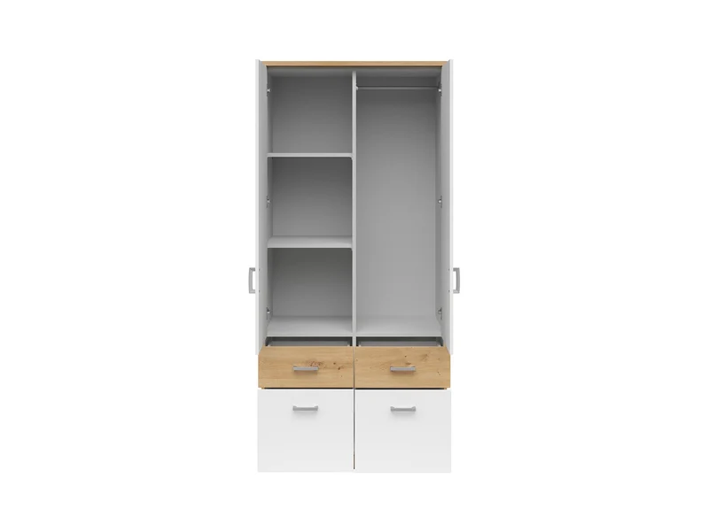 Brando 2 Wardrobe 91cm — Shelving, Hanging Rail, 4 Drawers & Silver Handles, Artisan Oak & White