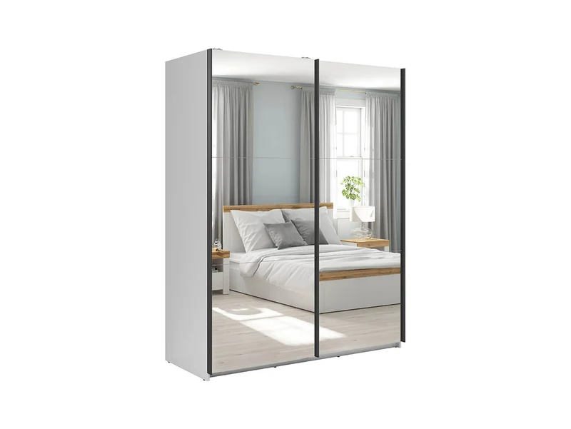 Tetrix Sliding Wardrobe 153cm — 2 Mirror Sliding Doors, 2 Hanging Rails, 5 Shelves & Grey Canvas Interior, White Gloss