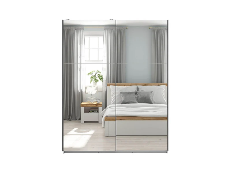 Tetrix Sliding Wardrobe 153cm — 2 Mirror Sliding Doors, 2 Hanging Rails, 5 Shelves & Grey Canvas Interior, White Gloss