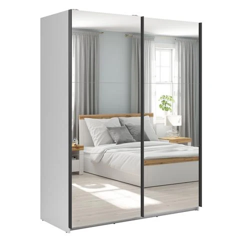 Tetrix Sliding Wardrobe 153cm — 2 Mirror Sliding Doors, 2 Hanging Rails, 5 Shelves & Grey Canvas Interior, White Gloss