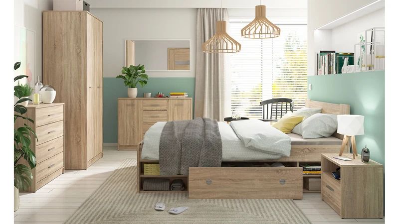 Nepo Plus Bed 140x200cm — Headboard, Open Storage Sections & Optional 3 Drawers, Scratch-Resistant, Sonoma Oak