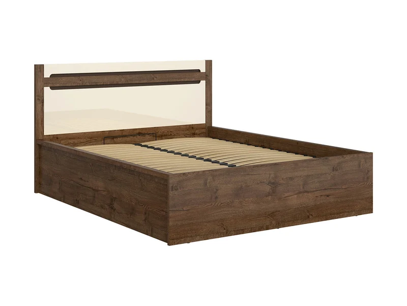 Ruso Bed 140x200cm with Bedding Storage — Lift-Up Slatted Base, Lava Matt Strip & Pearl Gloss Headboard, April Oak