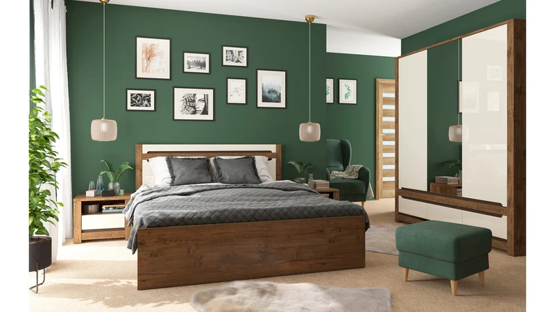 Ruso Bed 140x200cm with Bedding Storage — Lift-Up Slatted Base, Lava Matt Strip & Pearl Gloss Headboard, April Oak