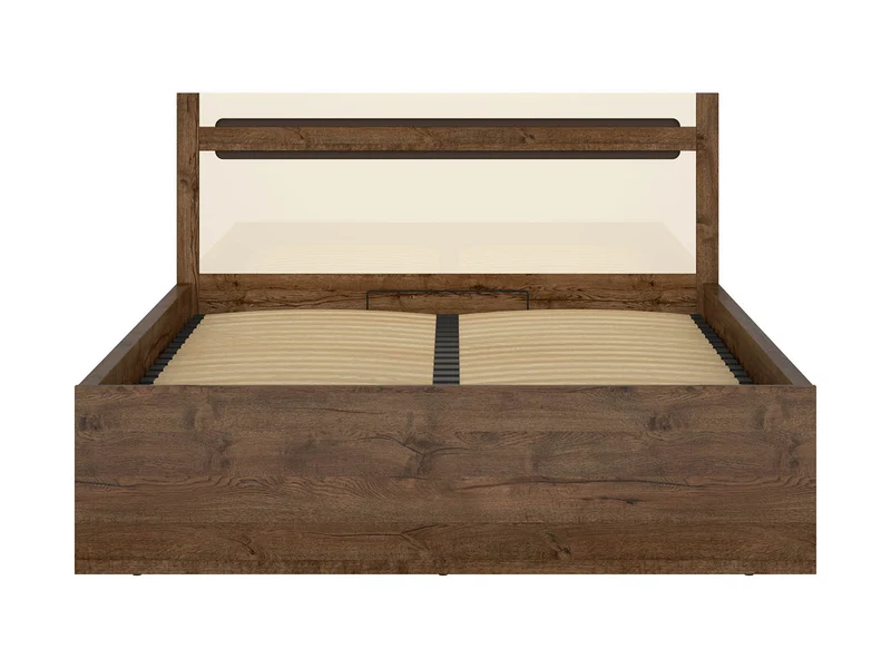 Ruso Bed 140x200cm with Bedding Storage — Lift-Up Slatted Base, Lava Matt Strip & Pearl Gloss Headboard, April Oak