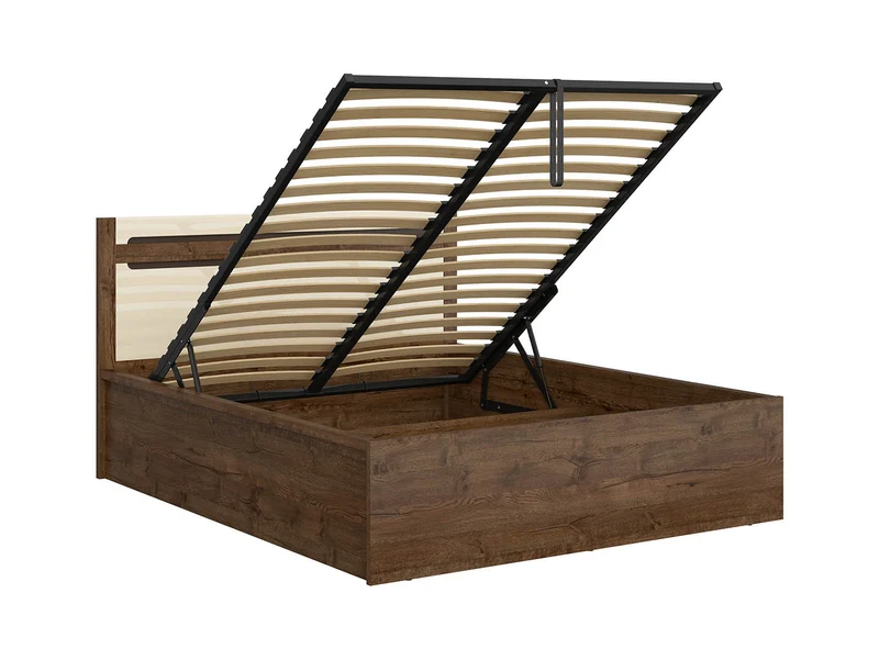 Ruso Bed 140x200cm with Bedding Storage — Lift-Up Slatted Base, Lava Matt Strip & Pearl Gloss Headboard, April Oak