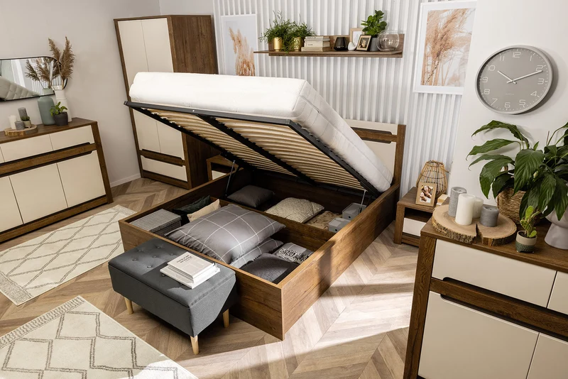 Ruso Bed 140x200cm with Bedding Storage — Lift-Up Slatted Base, Lava Matt Strip & Pearl Gloss Headboard, April Oak