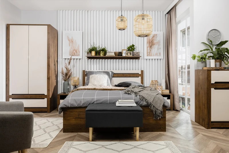Ruso Bed 140x200cm with Bedding Storage — Lift-Up Slatted Base, Lava Matt Strip & Pearl Gloss Headboard, April Oak